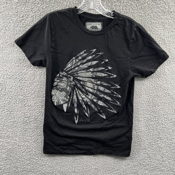 Ring of Fire Mens Shirt Small Black Native American Chief Headdress Short Sleeve - Picture 1 of 8
